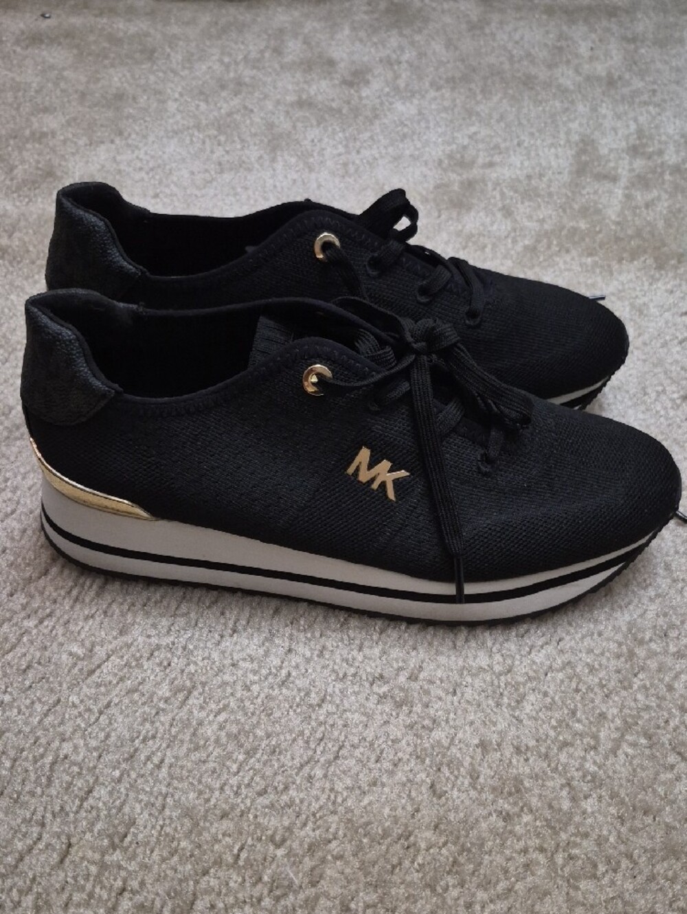Michael Kors Women Black Knit Sneakers with Gold MK Accents